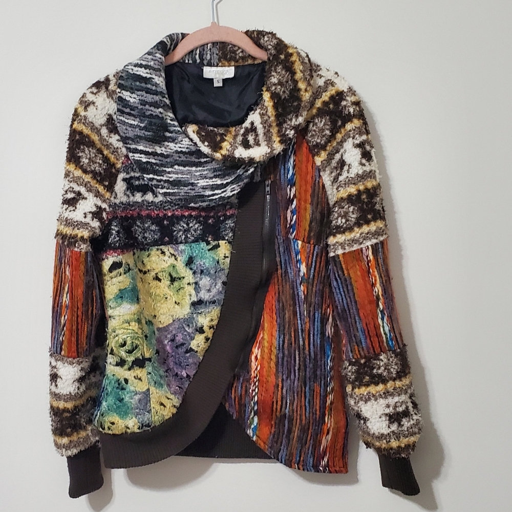 Adore Anthropologie Boho Desigual Patchwork Asymetrical Zip Jacket Women Small